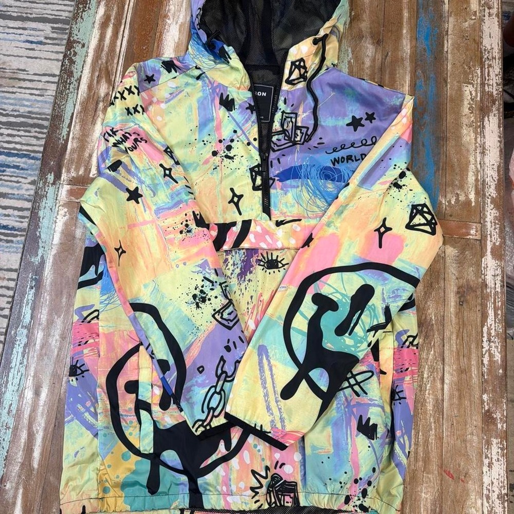 Reason Mens Graffiti Print Pullover Windbreaker Hoodie Jacket Multi L